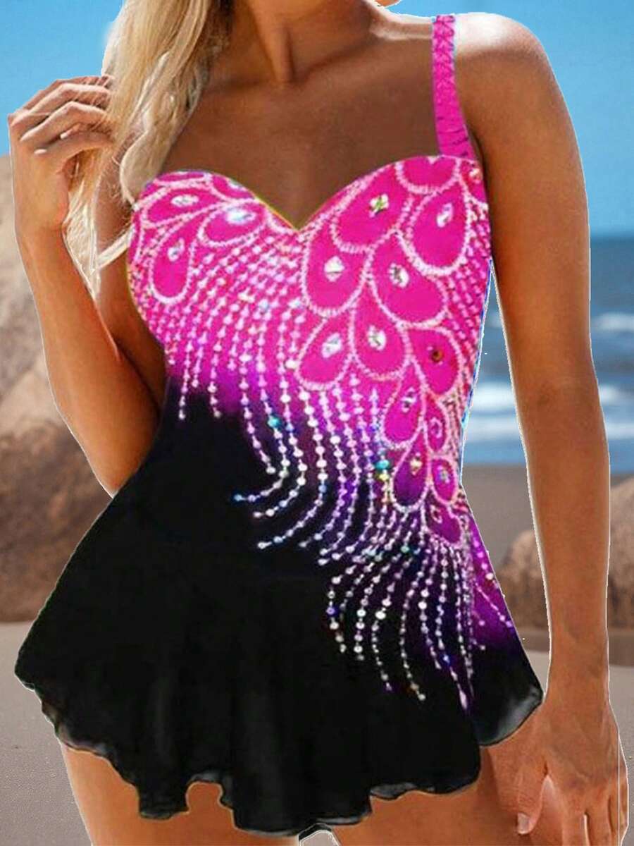 Women Plus Size One-Piece Swimsuit With Rhinestones Contrast Color Swimwear,Sizes S-6XL - Pink - View 1