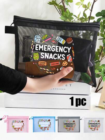 Cartoon Snack "Emergency Snack" Pattern Mesh Cosmetic Bag, Multi-Functional Zipper Storage Bag, Snack Storage Bag, Cosmetic Portable Storage Bag, Skincare Bag, Travel Essential, Dorm Supplies, Wedding Bride Gift, Travel Bag, Back To School/Vacation Cosmetic Bag, Women Travel Bag Make Up Bag