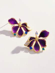 1 par de pendientes de pintura al óleo floral púrpura vintage, pendientes elegantes de lujo de alta gama para mujeres