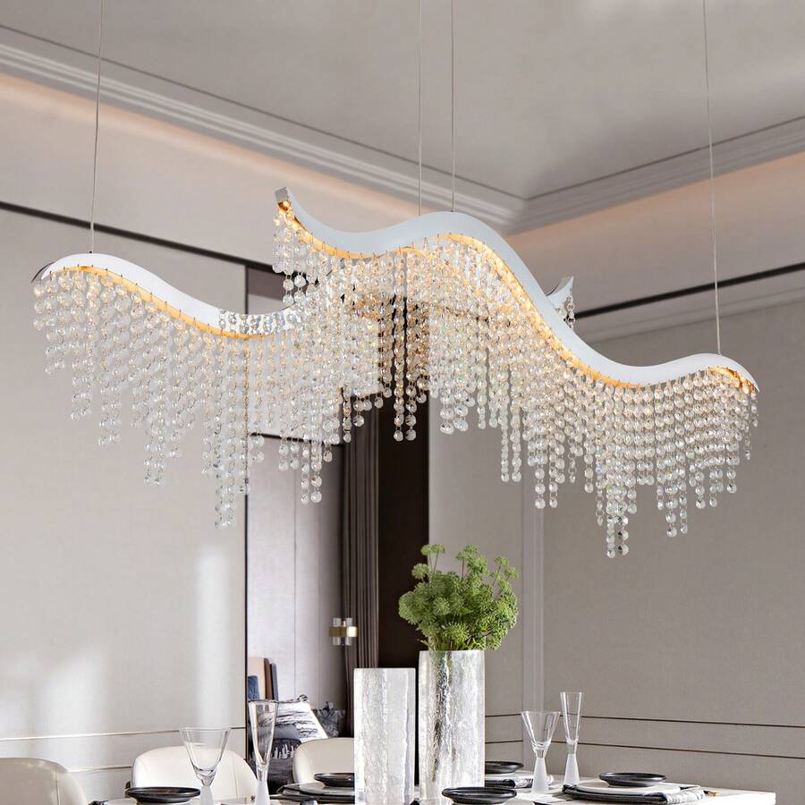 Arlgsite Modern Wave LED Crystal Chandelier - Adjustable Color Temperature 3000K/4000K/6000K - Adjustable Height - Elegant Chandelier For Living Room And Luxurious Space - Chrome - View 1