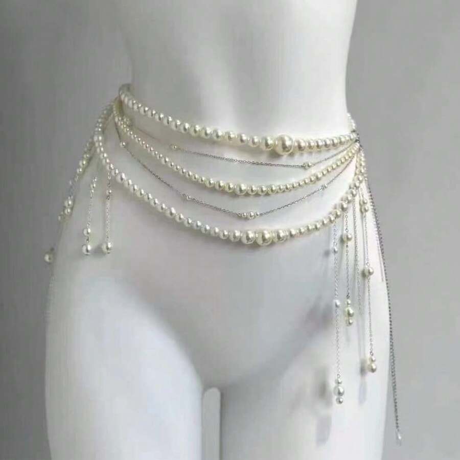 1 Piece Of Fashionable And Elegant Super Fairy Layered Wear Tassel Flowers Pearl Waist Chain For Women With Niche Design Sexy Light Luxury Versatile Waist Decoration Party Banquet Holiday Gift - 花朵款 - 查看 1