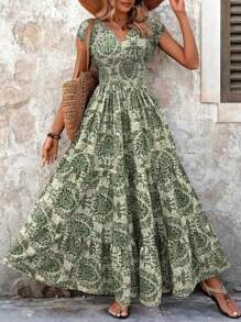 Women's Boho Floral Print High Waist Maxi Dress With Cap Sleeves, Summer Beach Dress With Shirred Detail - Green - View 1