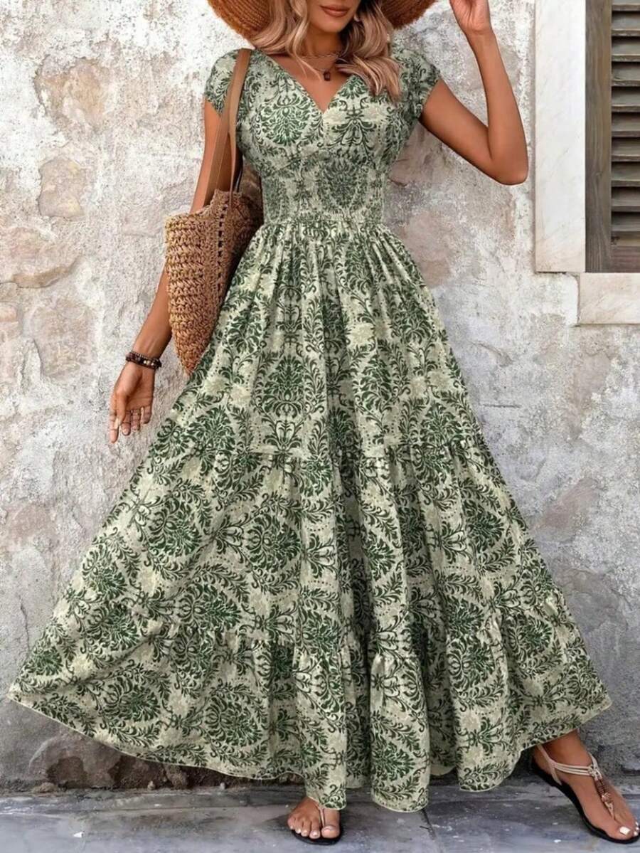 Women's Boho Floral Print High Waist Maxi Dress With Cap Sleeves, Summer Beach Dress With Shirred Detail - Green - View 1