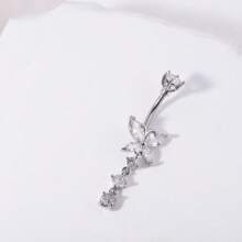 1 Stück Bauchring mit Schmetterling und 3 Zirkonia Anhängern sowie 1 Stück 5mm Zirkonia Stein, klassischer Bauchnabelpiercing Schmuck für Frauen