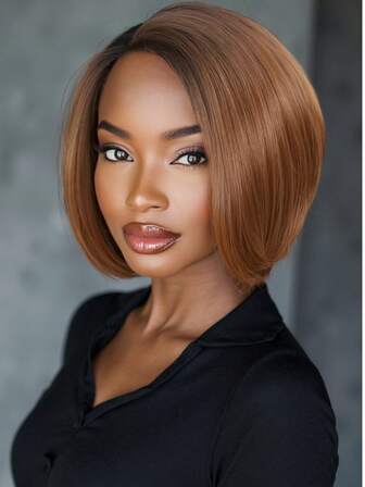 短侧分鲍勃假发直发渐变棕色假发碗状剪裁角色扮演假发耐热自然造型合成全假发适合