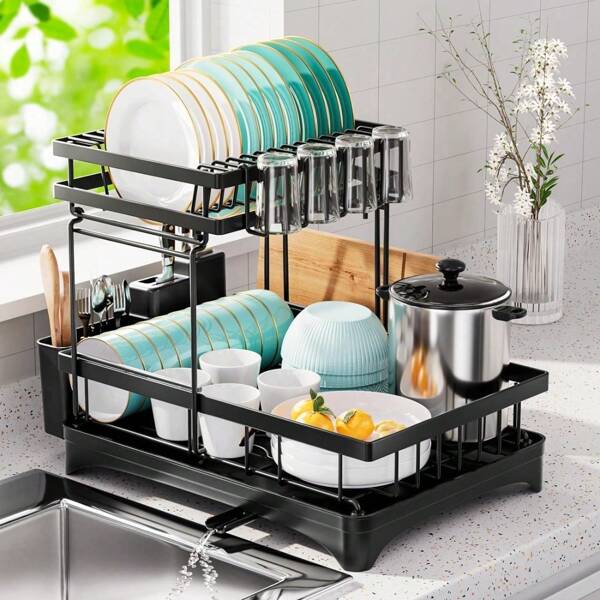 Jabykare 2-Tier Dish Drying Rack With 360° Rotating Drainer Board, Strong Carbon Steel Dish Drainer With Cutlery Utensil Rack & Holders For Kitchen Storage & Organisation (Black)