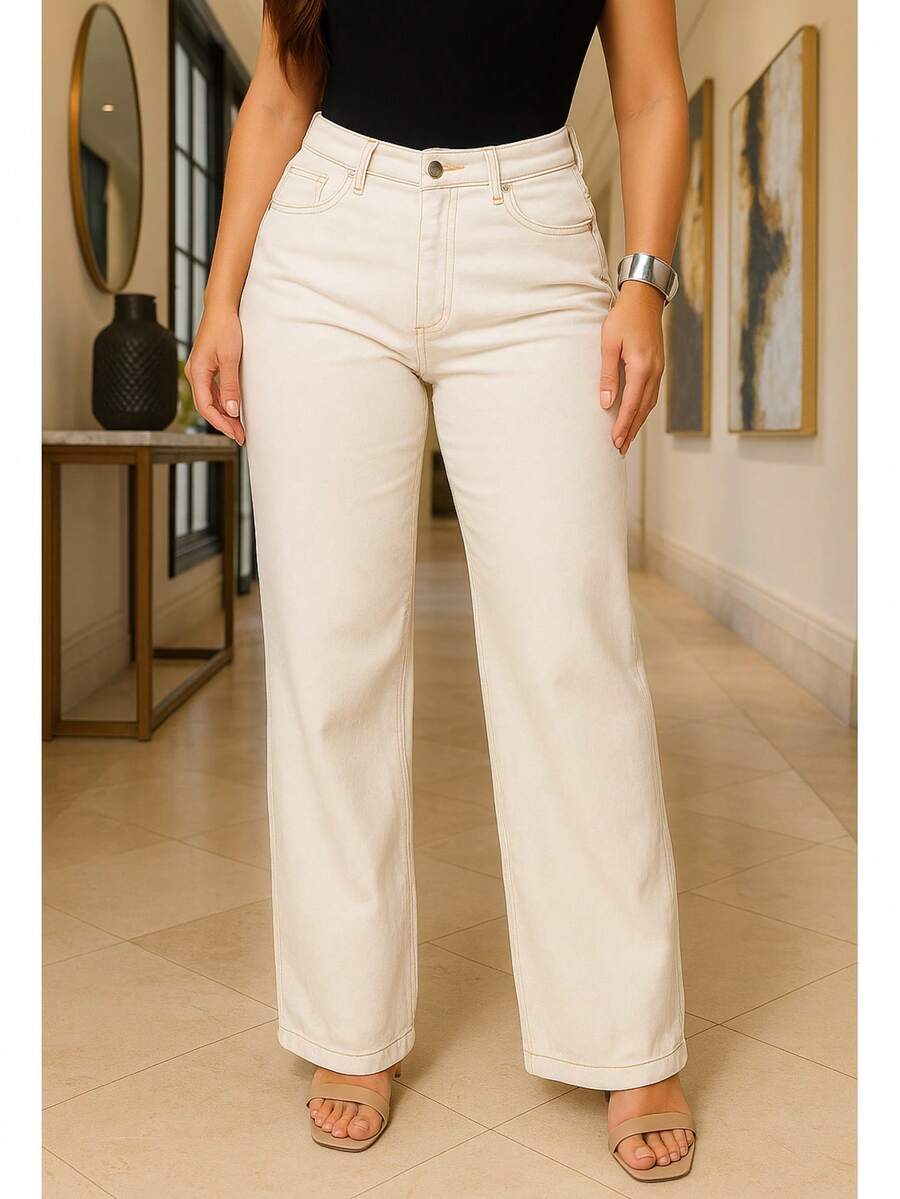 Women's Wide Leg Jeans, High Waist Straight, Comfortable And Modern With Light Wash, Minimalist Style For Casual And Sophisticated Looks - 白色 - 查看 1