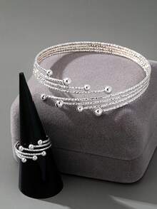 Conjunto de pulsera y anillo minimalista de varios niveles personalizado, estilo vintage clásico (sin caja de regalo) - Blanco brillante - Ver 14
