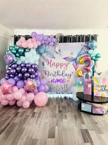 1pc Customizable Name Personalized Underwater Park Birthday Party Backdrop, Purple Mermaid Tail Polyester Banner, No Electricity Required, Indoor And Outdoor Decor, Mermaid Themed Celebration, Photo Booth Photography Backdrops, Home Decor, , Three Sizes Available