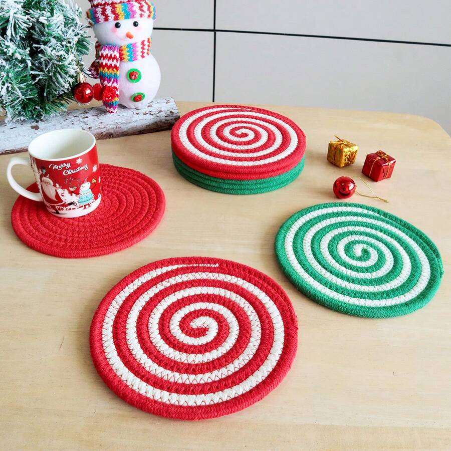 4pcs Mixed Christmas Series Round Woven Placemats, 7.09inch (18cm) Diameter, Thick Heatproof Coasters Made Of Braided Rope In Assorted Styles, Suitable For Cups, Pots, Bowls As Christmas Gifts