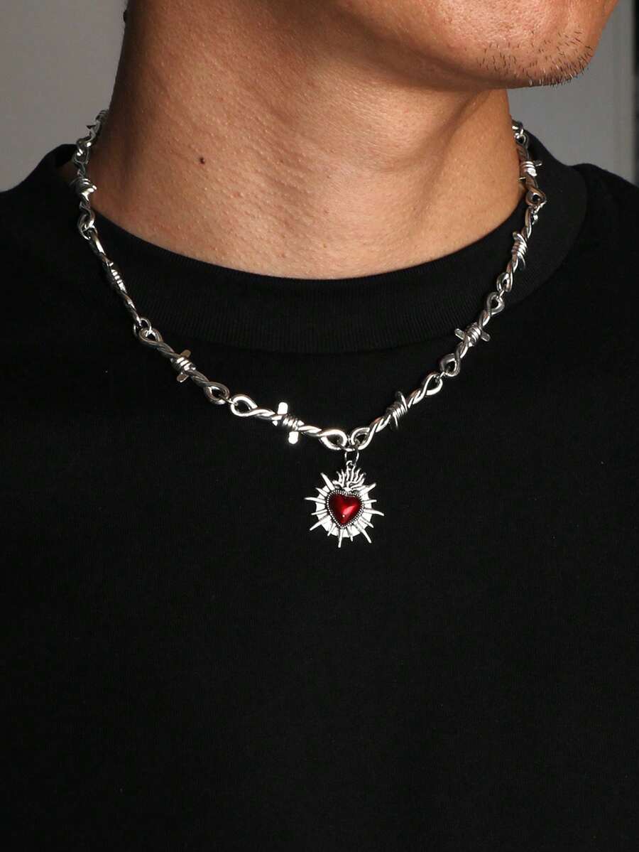 哥特式心形吊坠项链，朋克摇滚铁丝网刺链项链，男女皆宜 - 銀色 - 查看 1