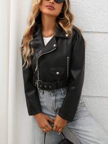 女士仿皮短款夹克，翻领拉链机车飞行员夹克，配腰带 - 黑色 - 查看 6
