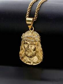 1 Stück Hip Hop Goldfarben JESUS Kopf Gesicht Anhänger Halskette mit Strass Edelstahl Kette Collier für Männer Christlichen Schmuck - Gold - Übersicht 3