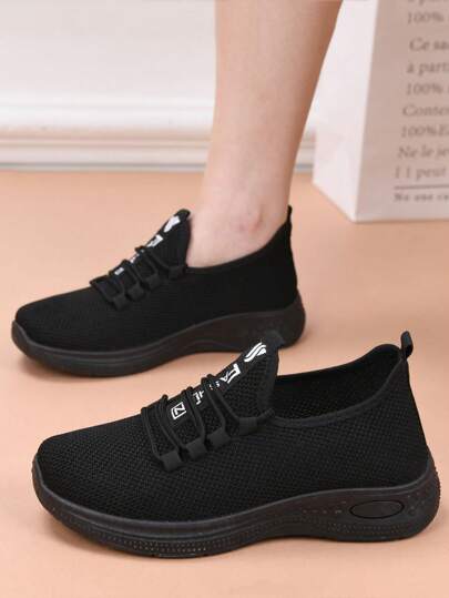 Damen atmungsaktive Lässig Schuhe, rutschfeste weiche Sohle bequeme schwarze Arbeitsschuhe, flache Stoff Sneaker mit runder Zehenpartie Einfarbig, geeignet für alle Jahreszeiten