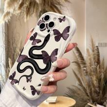 1 pieza Funda de teléfono premium con patrón misterioso de serpiente y mariposa, blanca, con textura ondulada gruesa, anti-caída y con lente perforada para protección, compatible con Apple/Redmi/Infinix/OPPO/VIVO/Realme