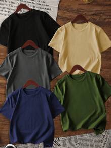5pcs/Set Men's Casual Solid Color All-Match Slim Fit Short Sleeve T-Shirts, Summer