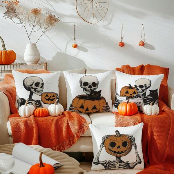 4pcs Pumpkin And Skull Halloween Decor Throw Pillow Covers, 45*45cm Soft Peach Skin Material Cushion Covers For Sofa, Single-Sided Print With Zipper Closure For Various Room Types, Room Bedroom Living Room Home Couch Decor, Festival Decorative Pillows Case