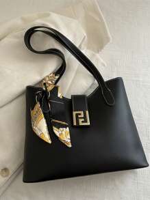 A Single Shoulder Tote Bag With Silk Scarf Decoration PU Material Hardware Buckle, Large Capacity, Lightweight And Versatile, Suitable For Commuting Silk Scarf