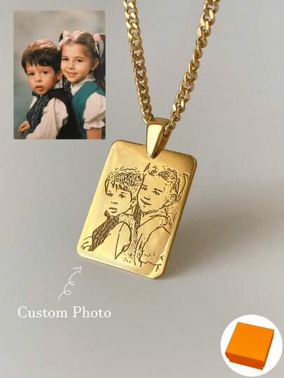 Personalized Photo Engraved Necklace, Custom Photo Engraving, 18K Stainless Steel Necklace, Gold/Silver Portrait Pendant, Personalized Family/Pet Jewelry, Perfect Gift, Gold, Fashionable, Colorful, Retro, Minimalist, Suitable For Men And Women, Casual, Cute, Customized, Unique, Ideal Gift For Him, Ideal Gift For Her, Boyfriend, Girlfriend, Dad, Mom, Family, Friends, Anniversary, Birthday, Graduation, Prom, Party