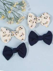 4pcs Girls' Soft Solid Color & Floral Print Hair Bow Clips, Pair Sets Of Bohemian-Style Bows - Charming Free-Spirited Delightful Hair Accessories For Beach Trips, Music Festivals, Parties & Summer Seasons