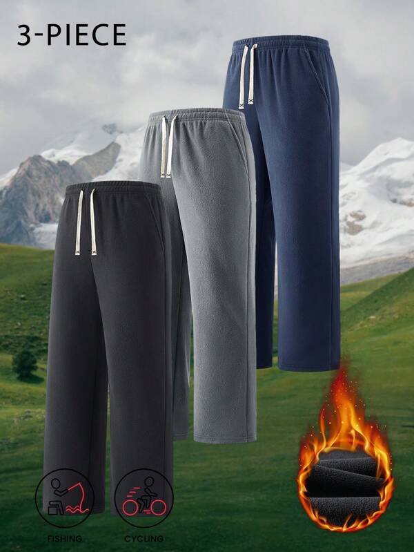 3 piezas Pantalones gruesos de forro polar de doble cara para hombres, para deportes al aire libre, a prueba de viento y con estilo, para otoño/invierno