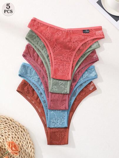 5件装女士性感低腰无缝比基尼内裤蕾丝拼接女士三角裤舒适运动内衣
