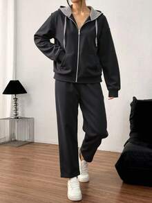 Conjunto  Compuesto Por Sudadera Con Capucha Y Cierre Y Pantalones Deportivo - Negro - Ver 3