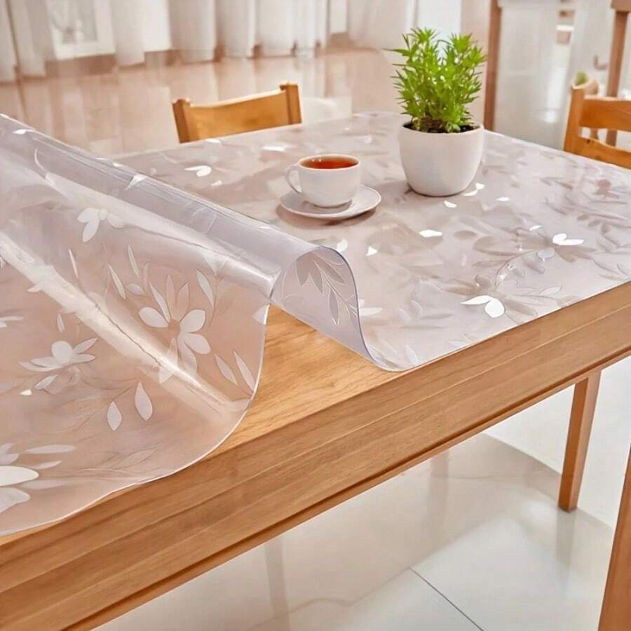 1pc Soft Glass PVC Transparent Chrysanthemum Pattern Tablecloth, Waterproof, Heat-Resistant, Oil-Proof Table Mat, Rectangular Desk Cover For Dining Table, Desk, Office Desk, Easy To Clean, Chrysanthemum Embossed, Non-Deformable, Non-Yellowing, Scratch-Resistant, Customizable, Small Table Mat Suitable For Kitchen, Coffee Side Table, Wooden Office Furniture Glass Plastic Tabletop Protection