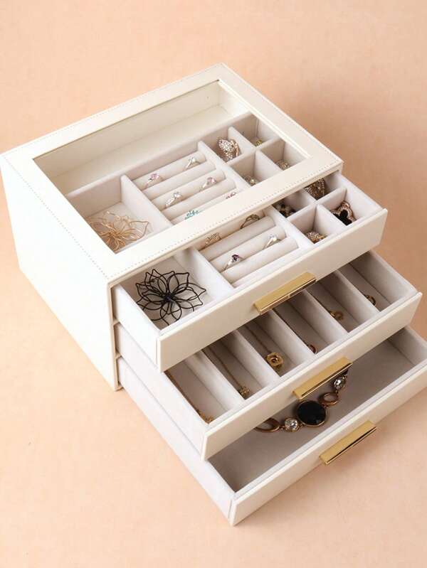 Jewelry Box For Women, Glass Lid Jewelry Organizer With 3 Drawers For Necklaces Rings Earrings Bracelets Christmas Gift For Women Storage Organizer Travel Essentials Back To School Dormitory Storage