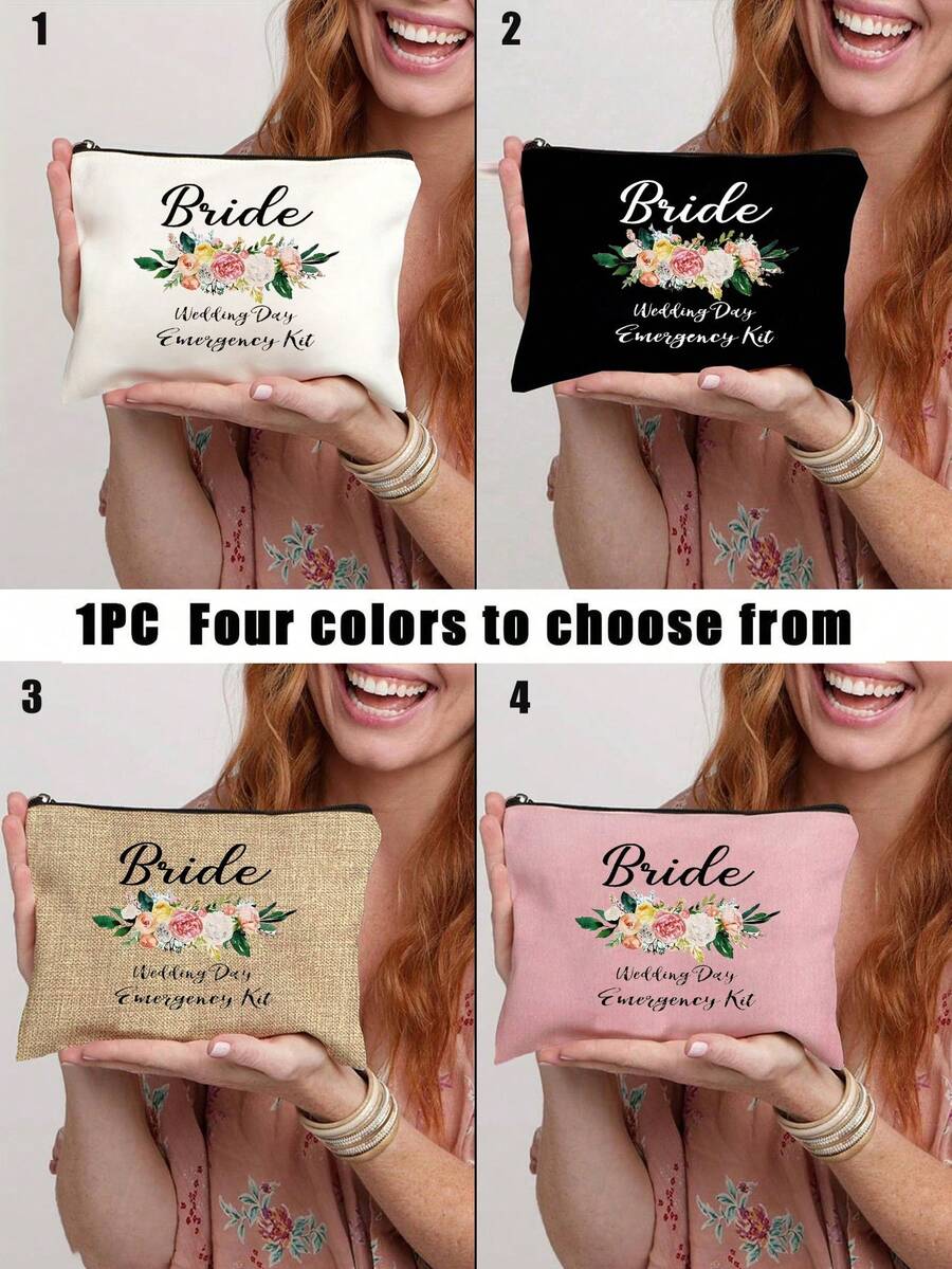 1 pieza Bolsa de emergencia de maquillaje para el día de la boda de la novia - Neceser de maquillaje personalizado de poliéster, bolsa de almacenamiento con cremallera ligera, lavable a máquina, no se destiñe, plegable - Bolsa de aseo de color blanco de moda, esencial para viajar, adecuado para la escuela, vacaciones, vuelta al colegio, bolsa de viaje para mujeres - Ver 1