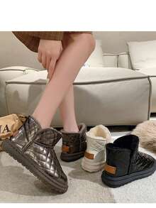 Damskie, wodoodporne, skórzane, pluszowe, ciepłe śniegowce w kolorze kawy, modne, miękkie, ocieplane, zimowe krótkie buty, antypoślizgowe, wygodne, futrzane buty