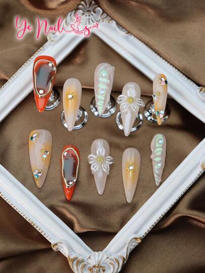 Get Romantic With 10pcs Stiletto Shape Pink Gradient Orange Handmade European Style Sweet Girl Beauty Full Coverage Fake Nail Set Summer Nail Japanese Style 3d Three-Dimensional Decoration Flower Rhinestone Decor Elegant Full Cover Press On Nails Set For Women And Girls Vanity With 1pc Mini Nail File & 1 Sheet Adhesive Tabs
