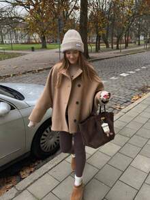 Versatile Solid Khaki Front Button Pocket Ribbed Women Jacket, With Pockets, Elegant & Versatile, Suitable For Daily And Fashionable Street Wear, Autumn/Winter, Office, Business Casual, And Campus - Apricot - View 6