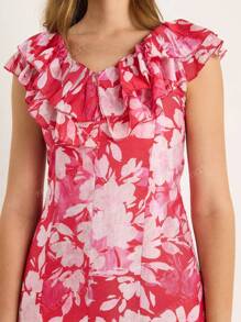 BIANCO LUCCI Zomer Boho Allover Bloemenprint V-hals Ruffle Trim Split Dij Jurk