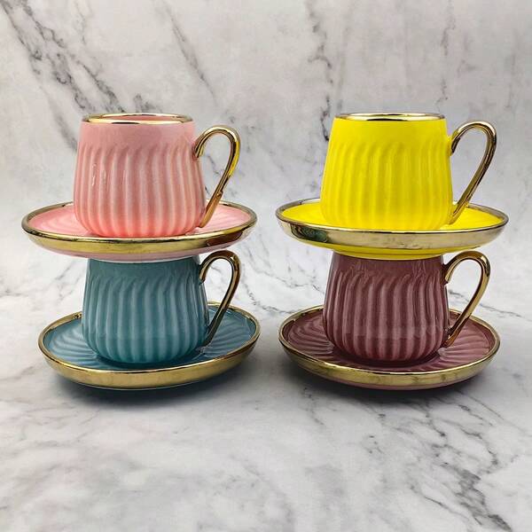 Ceramic Coffee Cup & Saucer Set, 130ml Capacity, Electroplated Black/White/Gold Spiral Pattern, Perfect For Coffee, Tea, Afternoon Tea, Home Use, Party, Gift