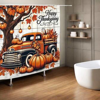 Happy Thanksgiving Shower Curtain Set,Harvest Truck Pumpkin Design For Autumn Bathroom Decor,Includes 12 Hooks, Machine Washable,Universal Room Decor,Home Decor,Bathroom Accessories,Thanksgiving,Halloween Decor