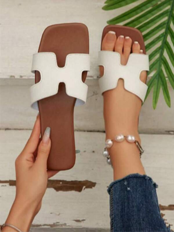 Modische, elegante flache offene Zehenslipper für Damen, vielseitig einsetzbare, bequeme Lässig PU Strandschuhe