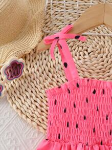 少女无袖西瓜印花可爱蝴蝶结夏季连衣裙，2025年新款时尚连衣裙