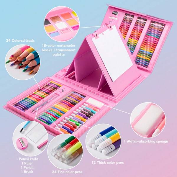 208 piezas de set de pintura, que incluye pasteles al óleo, crayones, lápices de colores, marcadores y tableros de arte plegables, adecuado para principiantes en pintura, juegos de arte, artículos de papelería para arte