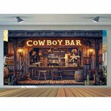 Vintage Western Bar Background Banner Homer Themed Party Decoration, Including Wooden Bar, Wheel Bucket, And Stool - The Perfect Choice For Autumn And Winter Events