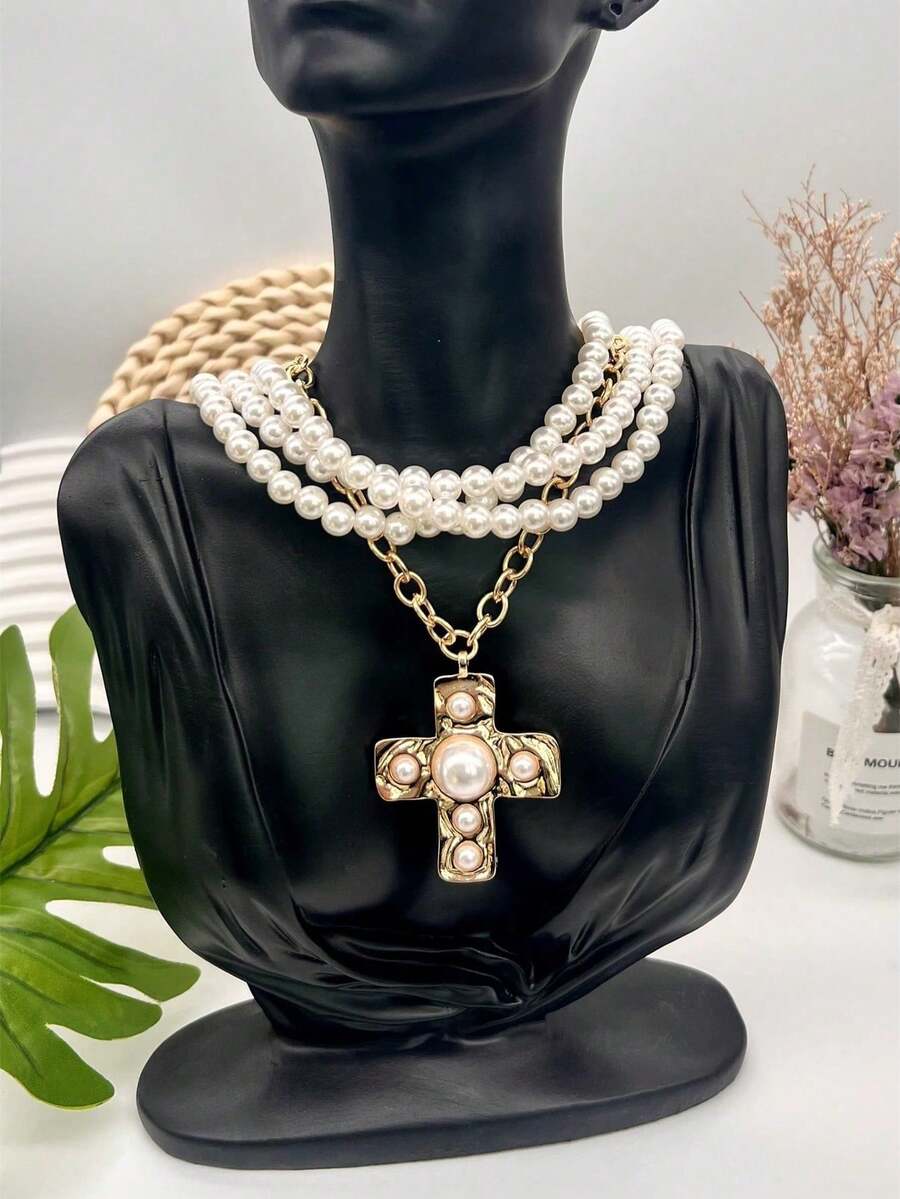 Elegant Women's Necklace, European And American Minimalist Style, Heavy Metal Chain, Faux Pearl Beaded, Layered Cross Pendant Necklace, Women's Accessories - Gold - View 1