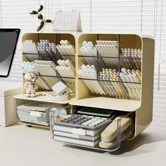 1 件带抽屉的办公桌收纳盒 - 多隔层笔筒、办公文具收纳、6 个隔层用于存放铅笔和配件、办公用品和配件