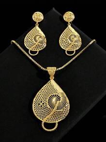 SEQUITO 3 Stücke Set aus temperamentvoller gelb-goldener, vergoldeter Hochzeits-Party-Kleid-Accessoires, Cut Out, großer Wassertropfen-Anhänger, Halskette, lange Hänge-Ohrhänge, Brautschmuck