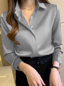 女士优雅黑色长袖衬衫，半透明涤纶，纽扣细节，适合春/夏/秋季 - 灰色 - 查看 2