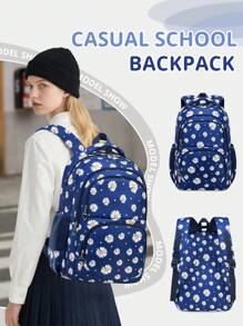 3 piezas/set Mochila con estampado de margaritas lindas, diseño de múltiples compartimentos de gran capacidad, cremallera Closure, adecuado como regalo para estudiantes de secundaria/preparatoria, niñas, vuelta al colegio