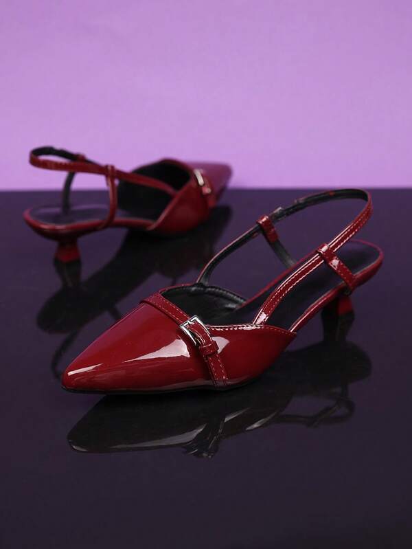 1 Paar burgunderrote glänzende Leder-Spitzenschuhe mit Schnallenverschluss für Teenager, 3cm dünner Absatz, geeignet für Party, Einkaufen, Reisen, Urlaub, Neuankömmling für den Sommer