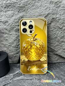 Funda de teléfono de vidrio templado dorado personalizada con patrones de manzana, adecuada como regalo para amigos, parejas, padres, regalo de cumpleaños para iPhone 16 Pro Max, 16 Pro, 15 Pro Max, 15 Plus, 15, 14 Pro Max, 14 Pro, 14 Plus, 13 Pro Max, 13 Pro, 13, 12 Pro Max, 12 Pro, 12, 11 Pro Max, 11, XS Max, XR, S25 Ultra, S24 Plus, S20 FE, S22 Plus, S21 Funda protectora de teléfono - Dorado - Ver 7