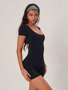 PinkTip U-Neck Jumpsuit With Built-In Shaping Shorts, Laser Cut Back Detail, 4-Way Stretch, Suitable For Fitness, Beach And Streetwear Black Summer - 黑色 - 查看 4