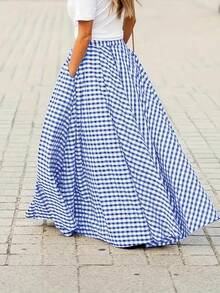 女士优雅格子中长裙，高腰喇叭下摆裙子，适合春夏季 - 天藍色 - 查看 4