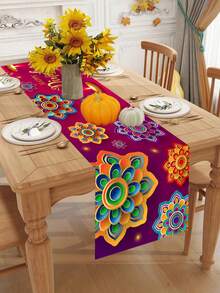 1pc Happy Diwali Table Decor, Purple Diwali Table Cloth, 180x35cm Polyester Table Decoration, Festival Party Decorations, Home Decor - Multicolor - View 5
